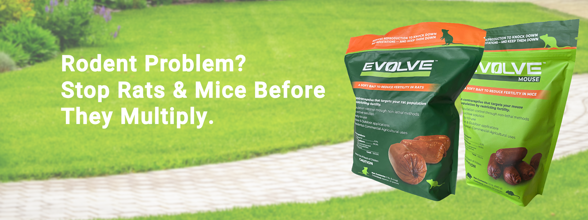 Two packages of Evolve rodent control product on a grassy background with text about rodent control.